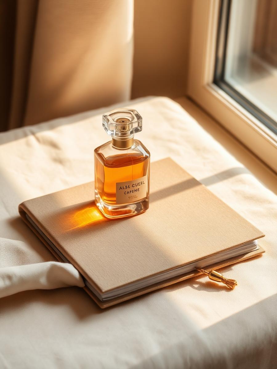 Frasco de perfume sobre um caderno de linho em luz dourada